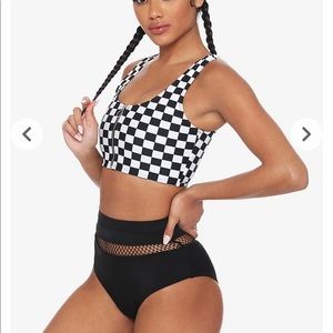 Checkered top & Fishnet High-Waisted Swim Bottoms